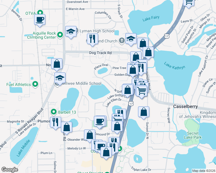 map of restaurants, bars, coffee shops, grocery stores, and more near 212 North Griffin Drive in Casselberry