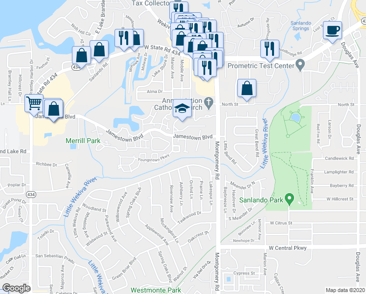 map of restaurants, bars, coffee shops, grocery stores, and more near 548 Olympic Village in Altamonte Springs
