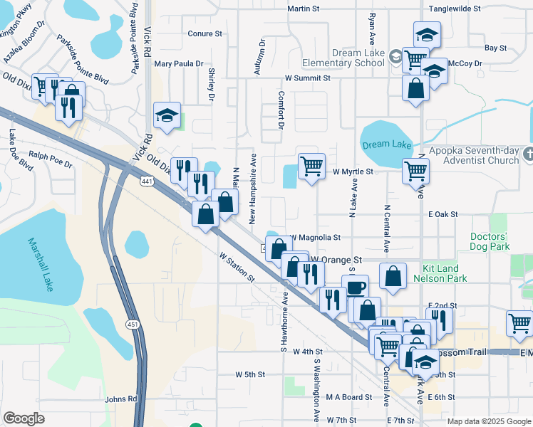 map of restaurants, bars, coffee shops, grocery stores, and more near 208 Rhapsody Lane in Apopka