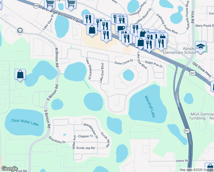 map of restaurants, bars, coffee shops, grocery stores, and more near 1835 Doe Lake Court in Apopka
