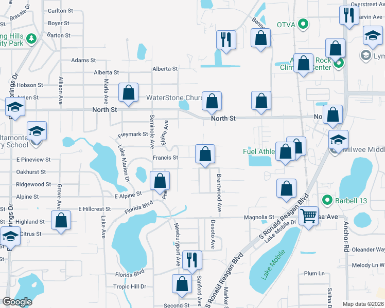 map of restaurants, bars, coffee shops, grocery stores, and more near 965 Francis Street in Altamonte Springs