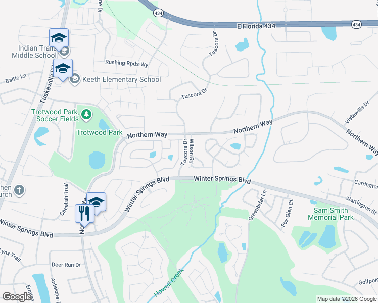 map of restaurants, bars, coffee shops, grocery stores, and more near 723 Wilson Road in Winter Springs