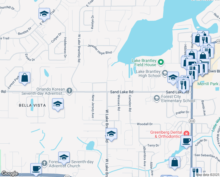 map of restaurants, bars, coffee shops, grocery stores, and more near 1161 West Lake Brantley Road in Altamonte Springs