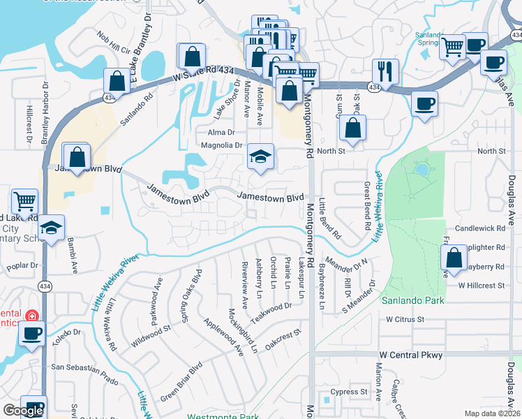 map of restaurants, bars, coffee shops, grocery stores, and more near 568 Breckenridge Village in Altamonte Springs