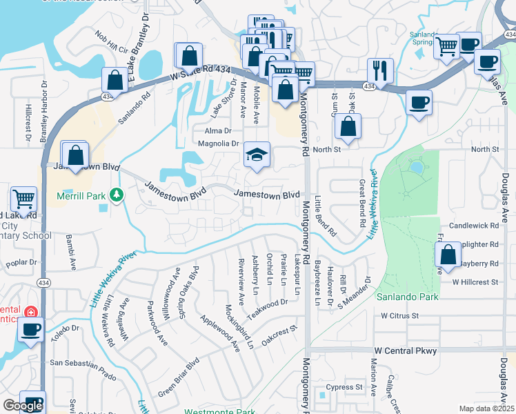 map of restaurants, bars, coffee shops, grocery stores, and more near 568 Breckenridge Village in Altamonte Springs