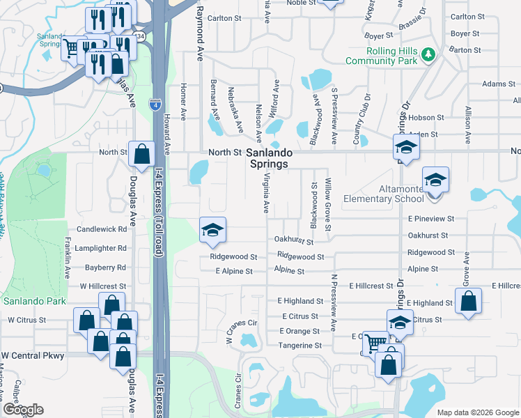 map of restaurants, bars, coffee shops, grocery stores, and more near 1002 Virginia Avenue in Altamonte Springs