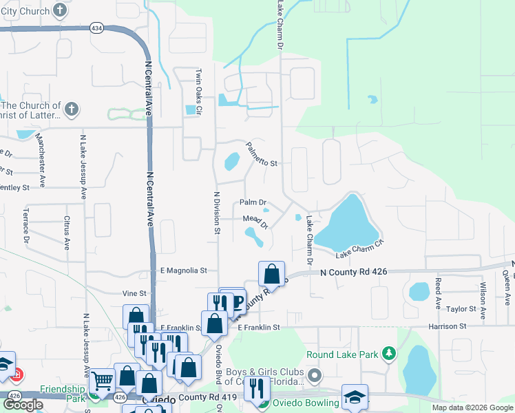 map of restaurants, bars, coffee shops, grocery stores, and more near 398 Palm Drive in Oviedo
