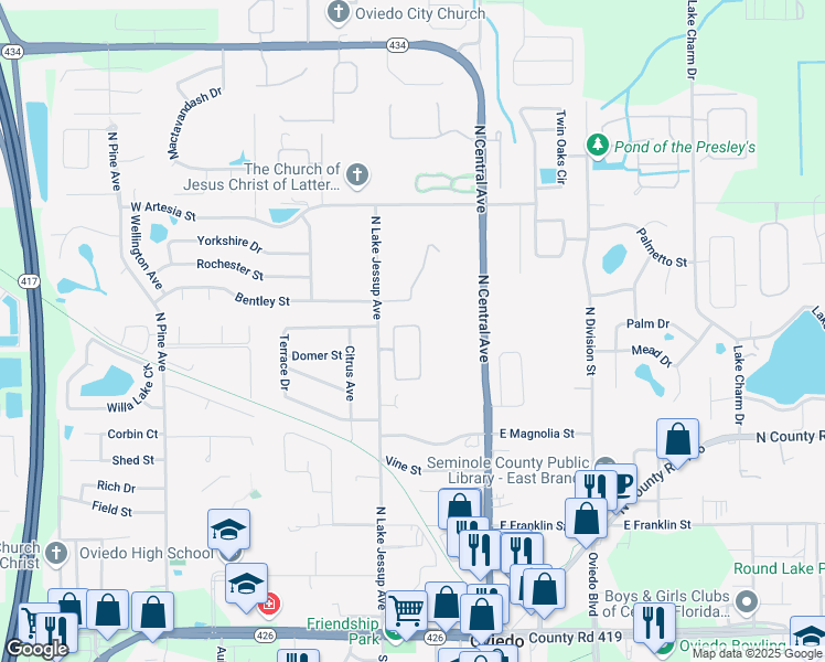 map of restaurants, bars, coffee shops, grocery stores, and more near 223 Heatherbrooke Circle in Oviedo