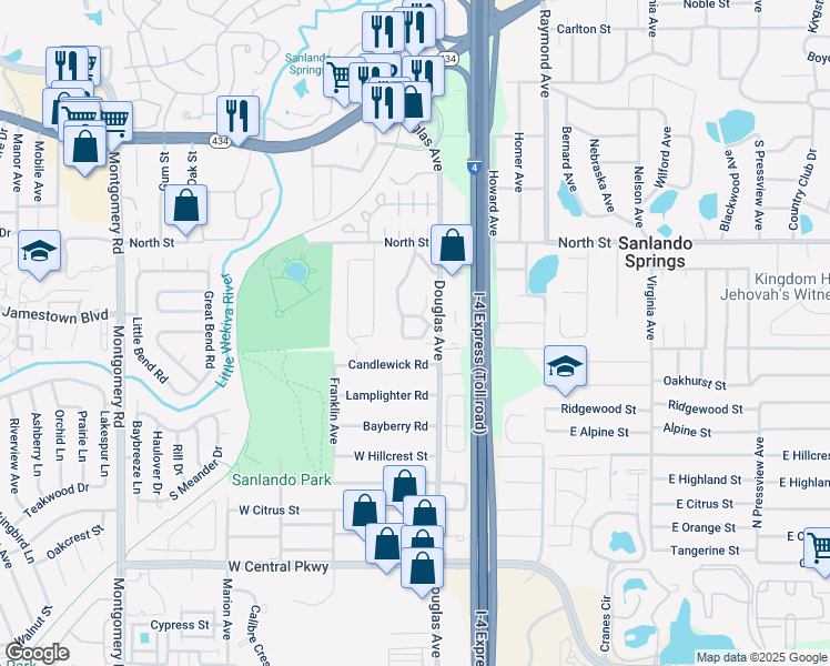 map of restaurants, bars, coffee shops, grocery stores, and more near 940 Douglas Avenue in Altamonte Springs