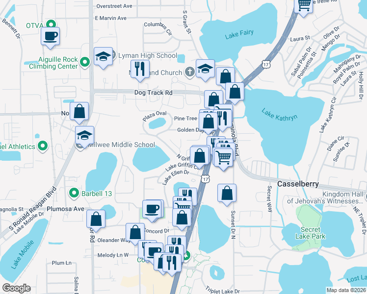 map of restaurants, bars, coffee shops, grocery stores, and more near 91 North Griffin Drive in Casselberry