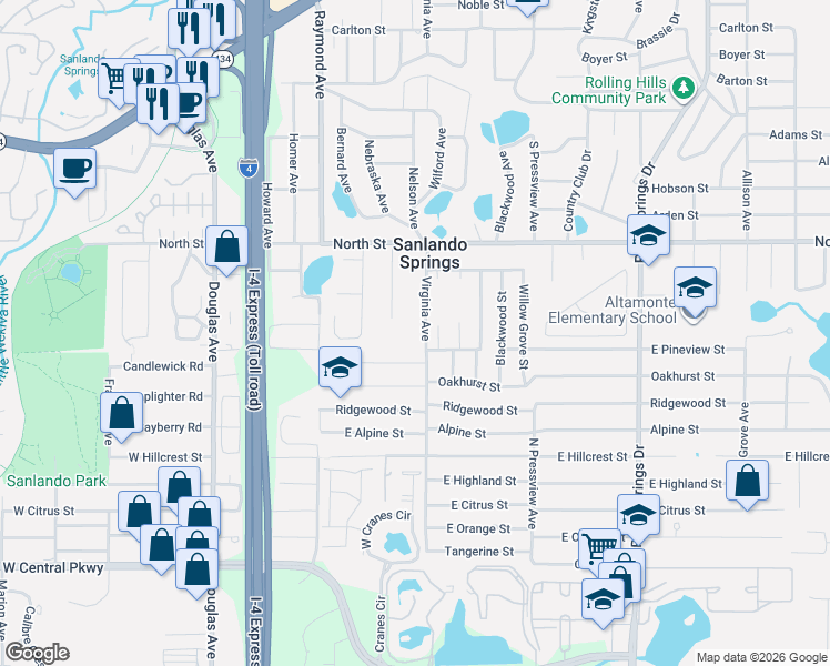 map of restaurants, bars, coffee shops, grocery stores, and more near 1002 Virginia Avenue in Altamonte Springs