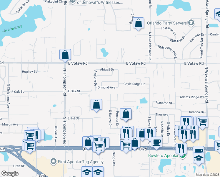 map of restaurants, bars, coffee shops, grocery stores, and more near 1547 Faircloth Court in Apopka