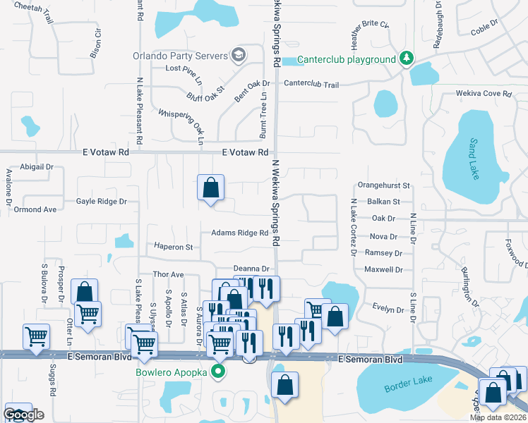 map of restaurants, bars, coffee shops, grocery stores, and more near 120 North Wekiwa Springs Road in Apopka