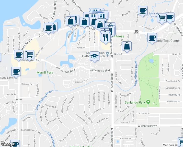 map of restaurants, bars, coffee shops, grocery stores, and more near 590 Bloomington Court in Altamonte Springs