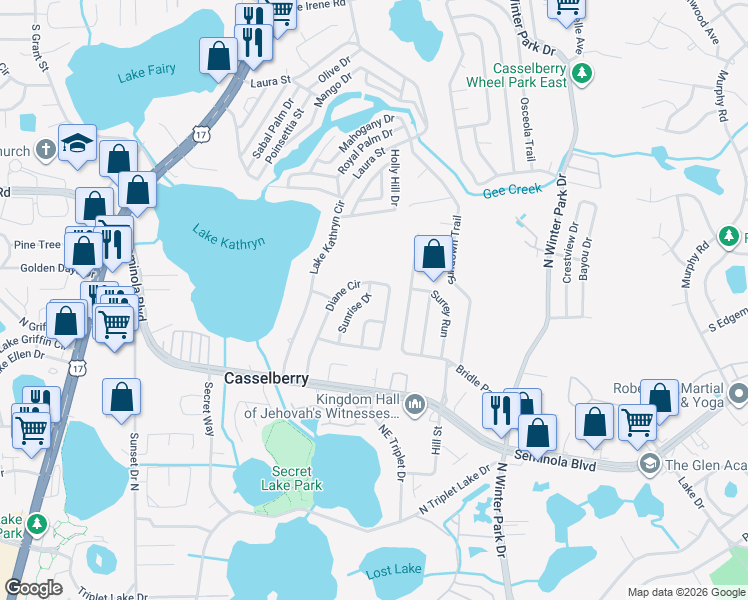 map of restaurants, bars, coffee shops, grocery stores, and more near 485 Sunrise Drive in Casselberry