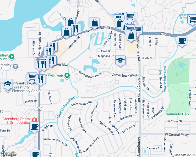 map of restaurants, bars, coffee shops, grocery stores, and more near 675 Jamestown Boulevard in Altamonte Springs
