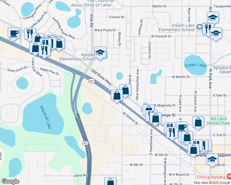 map of restaurants, bars, coffee shops, grocery stores, and more near 525 West Orange Blossom Trail in Apopka