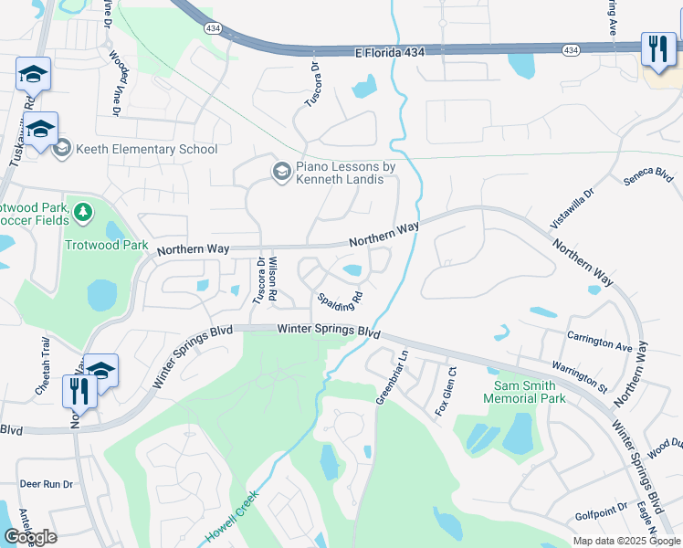 map of restaurants, bars, coffee shops, grocery stores, and more near 735 Adidas Road in Winter Springs