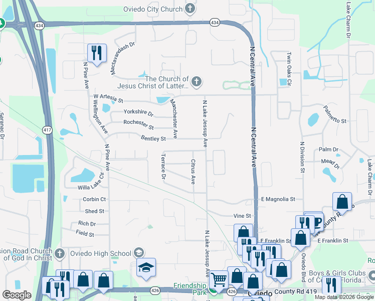 map of restaurants, bars, coffee shops, grocery stores, and more near 304 N Terrace Dr in Oviedo