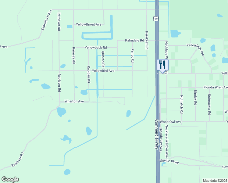 map of restaurants, bars, coffee shops, grocery stores, and more near 18079 Palmdale Road in Brooksville