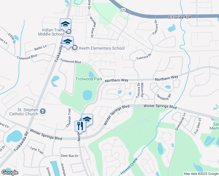 map of restaurants, bars, coffee shops, grocery stores, and more near 1455 Whitehall Boulevard in Winter Springs