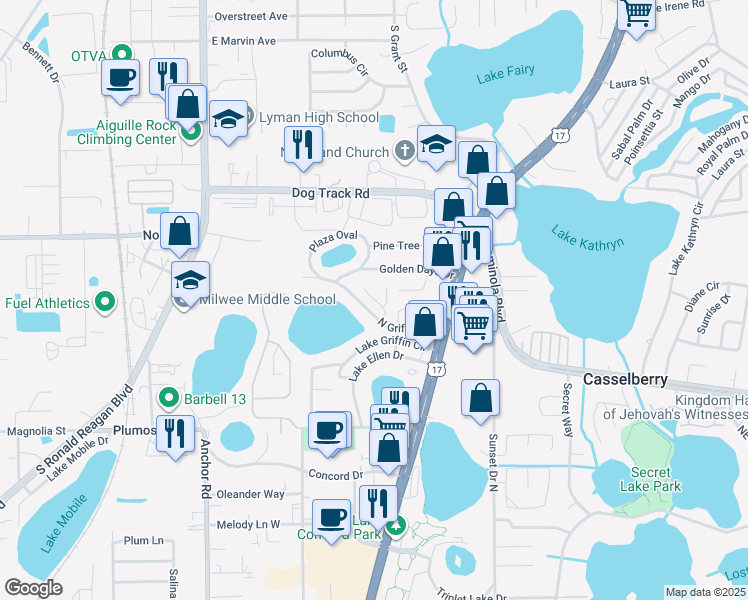 map of restaurants, bars, coffee shops, grocery stores, and more near 420 Forest Park Lane in Casselberry