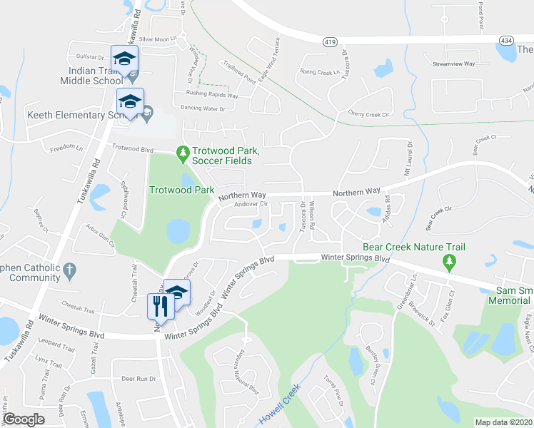 map of restaurants, bars, coffee shops, grocery stores, and more near 707 Andover Circle in Winter Springs