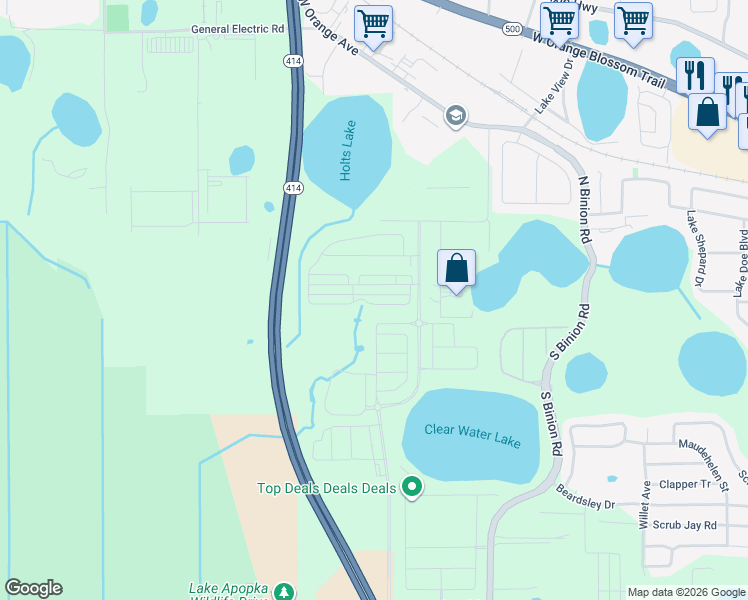 map of restaurants, bars, coffee shops, grocery stores, and more near 2600 Peterson Road in Apopka