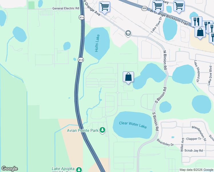 map of restaurants, bars, coffee shops, grocery stores, and more near 2600 Peterson Road in Apopka