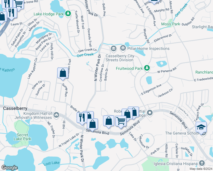 map of restaurants, bars, coffee shops, grocery stores, and more near 641 Bayou Drive in Casselberry