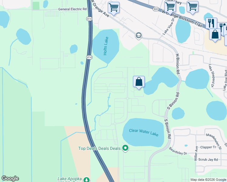 map of restaurants, bars, coffee shops, grocery stores, and more near 2600 Peterson Road in Apopka