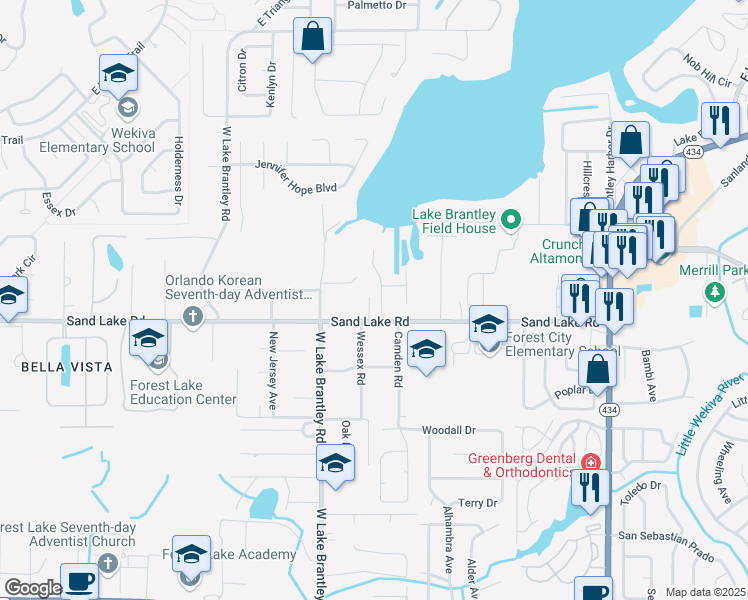 map of restaurants, bars, coffee shops, grocery stores, and more near 374 Brantley Club Place in Longwood