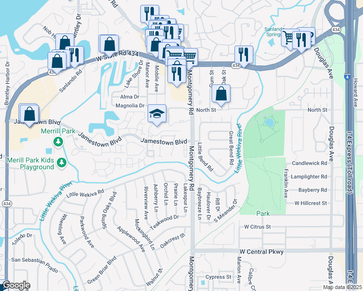 map of restaurants, bars, coffee shops, grocery stores, and more near 536 Sun Valley Village in Altamonte Springs