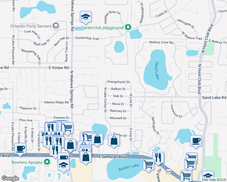 map of restaurants, bars, coffee shops, grocery stores, and more near 2643 Balkan Street in Apopka