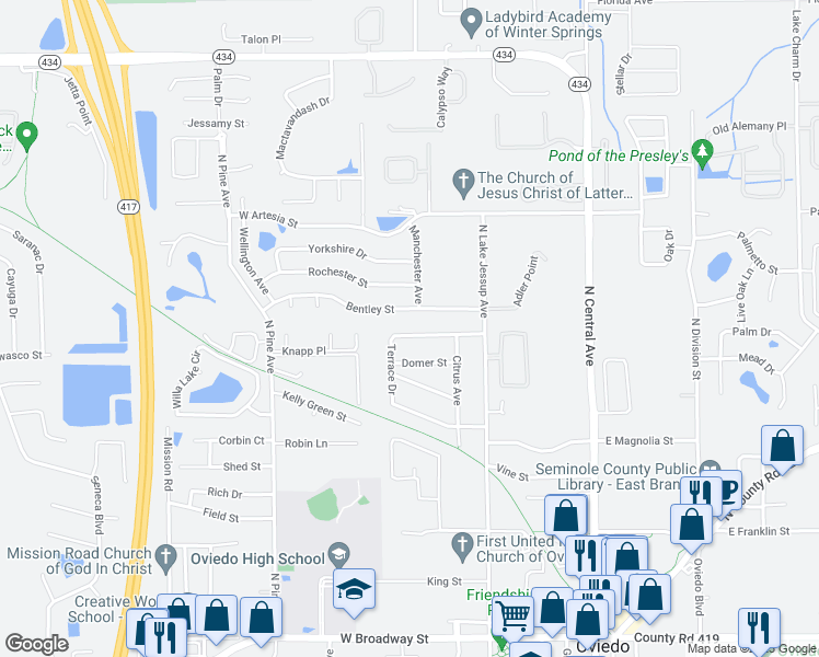 map of restaurants, bars, coffee shops, grocery stores, and more near 429 Terrace Drive in Oviedo