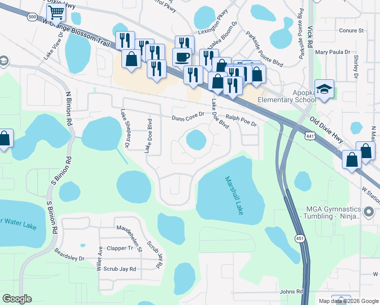 map of restaurants, bars, coffee shops, grocery stores, and more near 248 Country Landing Boulevard in Apopka