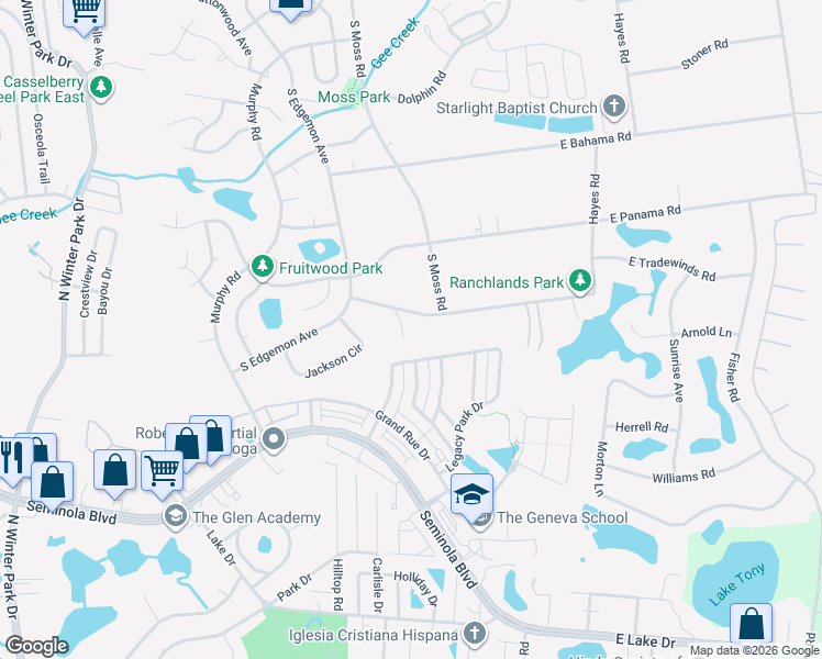 map of restaurants, bars, coffee shops, grocery stores, and more near 110W West Trade Winds Road in Winter Springs