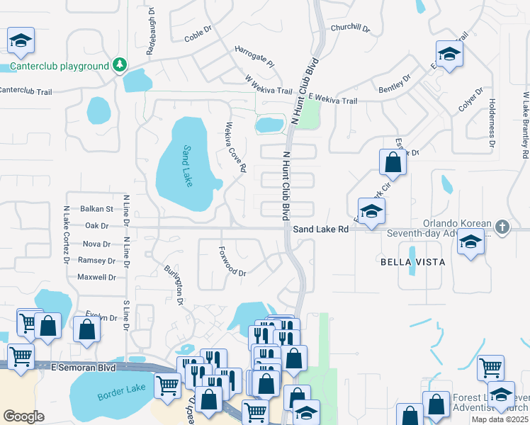 map of restaurants, bars, coffee shops, grocery stores, and more near 210 Cumberland Circle West in Wekiwa Springs