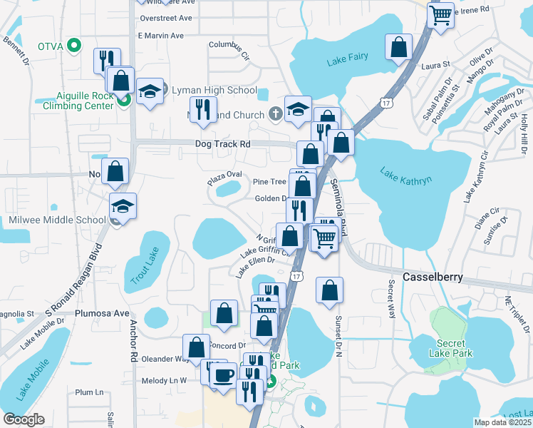 map of restaurants, bars, coffee shops, grocery stores, and more near 449 Lakeside Place in Casselberry