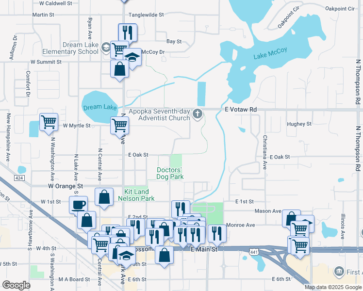 map of restaurants, bars, coffee shops, grocery stores, and more near Oak Street in Apopka