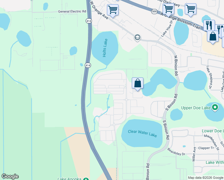map of restaurants, bars, coffee shops, grocery stores, and more near 2600 Peterson Road in Apopka