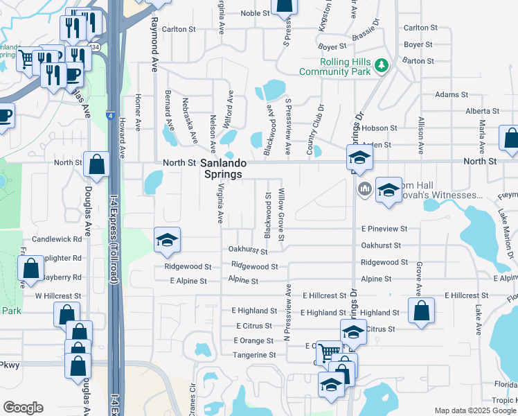 map of restaurants, bars, coffee shops, grocery stores, and more near 1054 Blackwood Street in Altamonte Springs