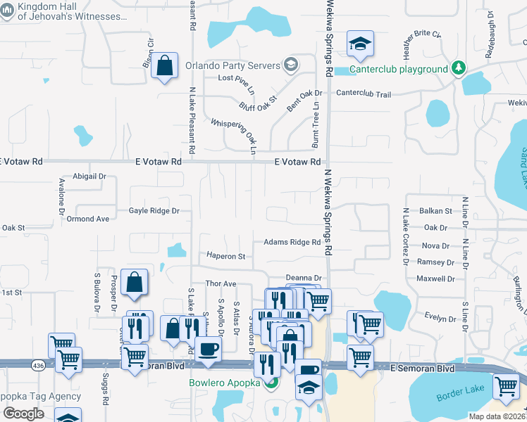 map of restaurants, bars, coffee shops, grocery stores, and more near 2114 Heatheroak Drive in Apopka