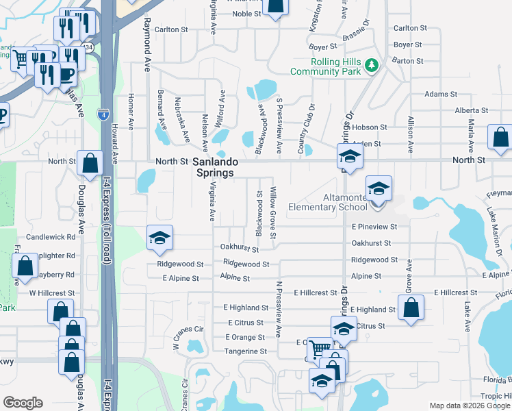 map of restaurants, bars, coffee shops, grocery stores, and more near 1054 Blackwood Street in Altamonte Springs