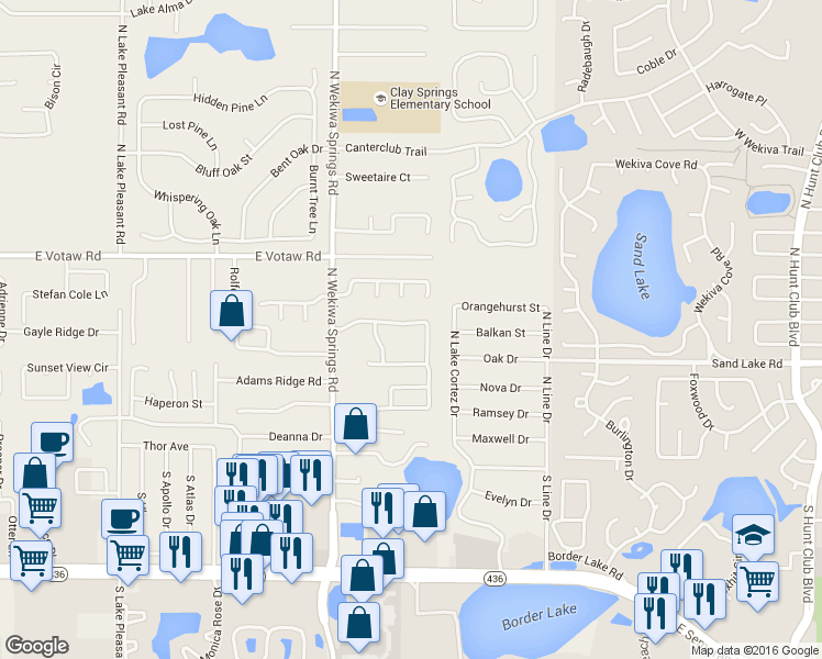 map of restaurants, bars, coffee shops, grocery stores, and more near 2374 Walnut Heights Road in Apopka