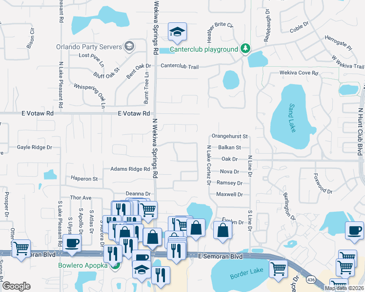 map of restaurants, bars, coffee shops, grocery stores, and more near 2374 Walnut Heights Road in Apopka