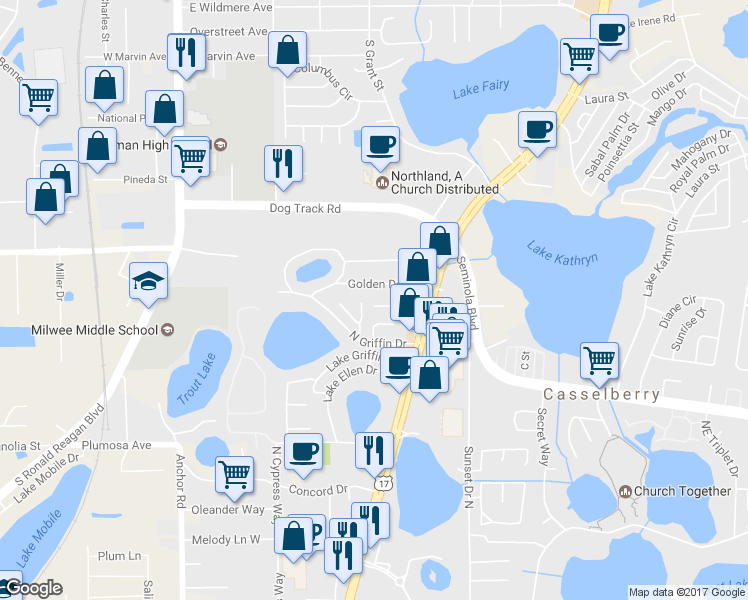 map of restaurants, bars, coffee shops, grocery stores, and more near 400 Slumber Lane in Casselberry