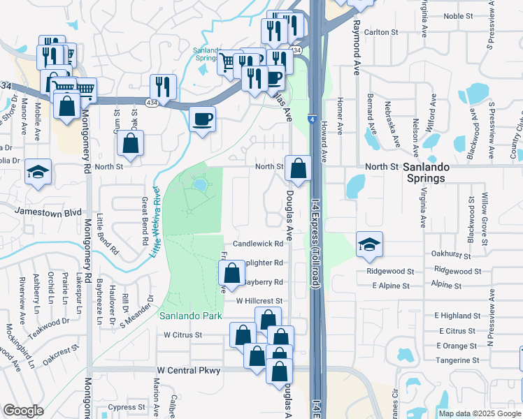 map of restaurants, bars, coffee shops, grocery stores, and more near 940 Douglas Avenue in Altamonte Springs