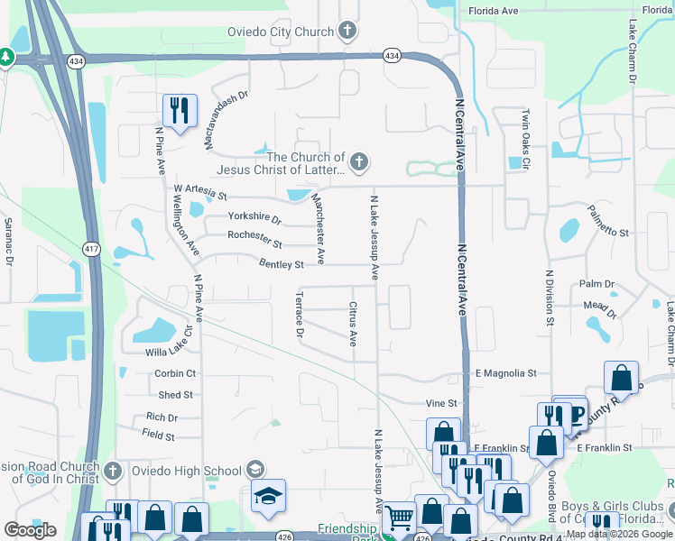 map of restaurants, bars, coffee shops, grocery stores, and more near 379 Bentley Street in Oviedo