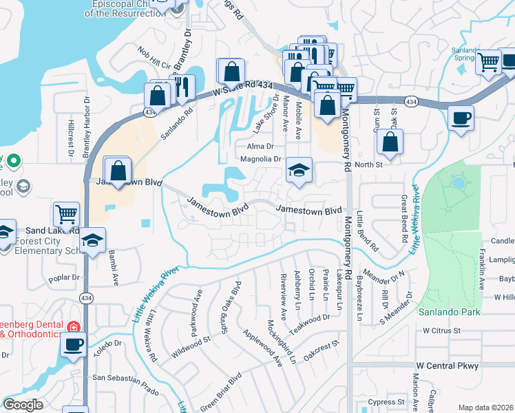 map of restaurants, bars, coffee shops, grocery stores, and more near in Altamonte Springs
